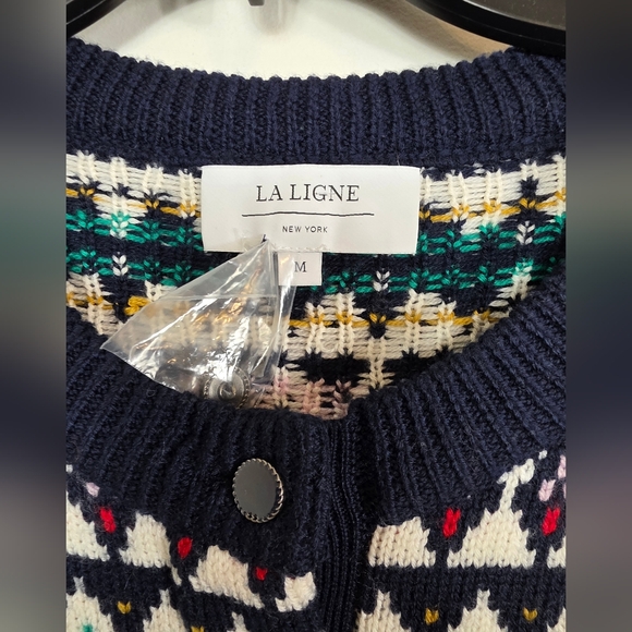 La Ligne Fair Isle Merino Wol Navy Blue Henley Crewneck Pullover Sweater M - Picture 4 of 6